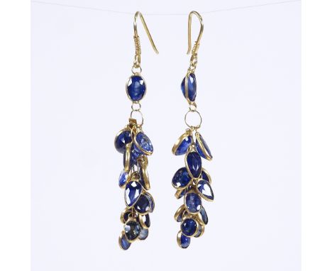 A pair of handmade unmarked gold ceylon sapphire cluster grape earrings, earring height excluding fitting 31.5mm, 2.3gBoth in