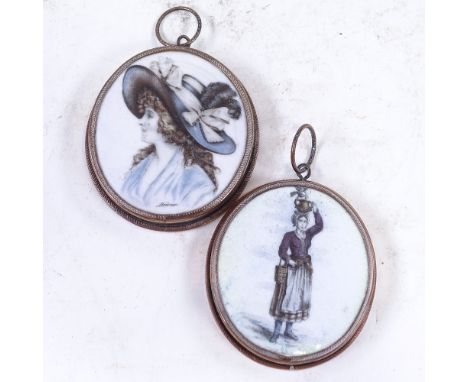 A pair of printed ceramic plaques, depicting a portrait of a Gainsborough lady, and woman carrying an urn, in Sheffield plate