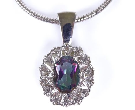 A 9ct white gold mystic topaz and diamond cluster pendant necklace, on 9ct white gold snake link chain, pendant height 18.4mm