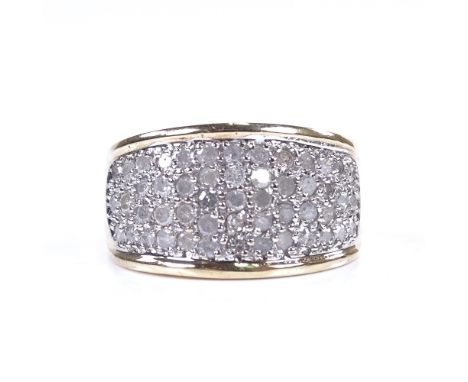 A 9ct gold diamond cluster dress ring, total diamond content approx 1ct, setting height 11.9mm, size P, 5.5gVery good origina