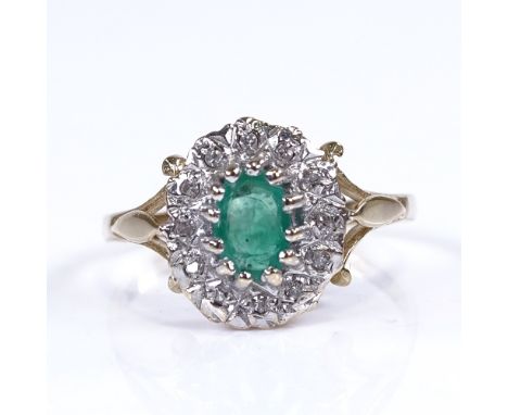 A 9ct gold emerald and diamond cluster dress ring, setting height 11.5mm, size N, 2.1gGood original condition, all stones pre