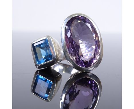 A large modern handmade sterling silver amethyst and blue topaz dress ring, setting height 26mm, size Q/R, 21.8gGood original