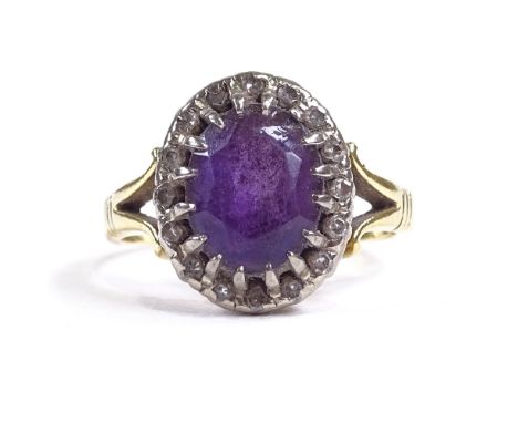 An early 20th century 18ct gold amethyst and diamond cluster dress ring, setting height 14.2mm, size M, 5.4gGood overall cond