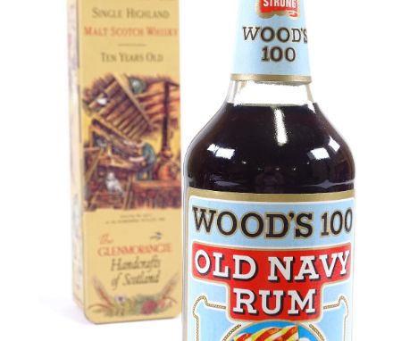 A bottle of Wood's 100 Old Navy Rum, circa 1980s, and a bottle of Glenmorangie 10 year old Single Highland Malt Scotch Whisky