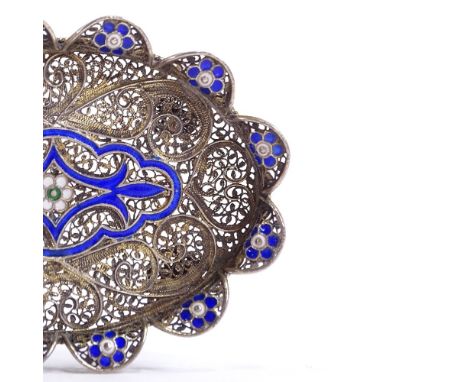 A Norwegian silver gilt filigree and enamel miniature tray, with blue, white and green enamel floral decoration, with filigre