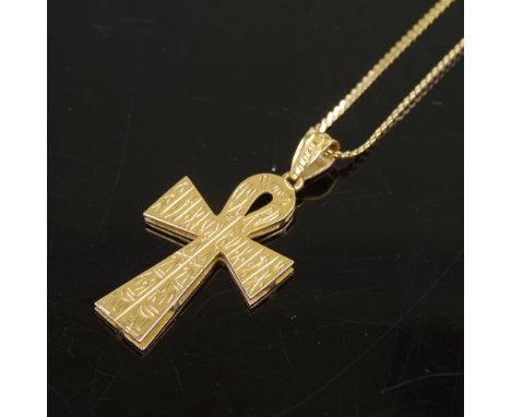 An Egyptian high carat gold ankh pendant necklace on 18ct serpentine chain, pendant height excluding veil 30.5mm, chain lengt