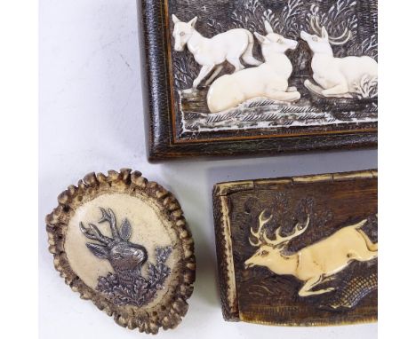 A 19th century carved stag horn snuff box, a treen box circa 1806 with carved stag horn panel and a stag horn and silver broo