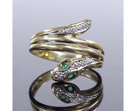 A late 20th century 9ct gold emerald and diamond snake ring, hallmarks London 1990, setting height 16.8mm, size N, 2.4gVery g