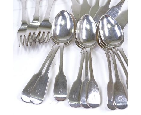 Collection of matched silver fiddle pattern cutlery, including Georgian, Victorian and Scottish, 45.7oz totalLot sold as seen