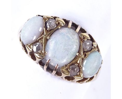 An early 20th century 18ct gold 7 stone cabochon opal and rose cut diamond half hoop ring, hallmarks Birmingham 1908, setting