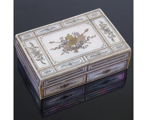 A small 19th century ivory mother-of-pearl and gold inlaid box, with marquetry decorated lid, width 9cm 