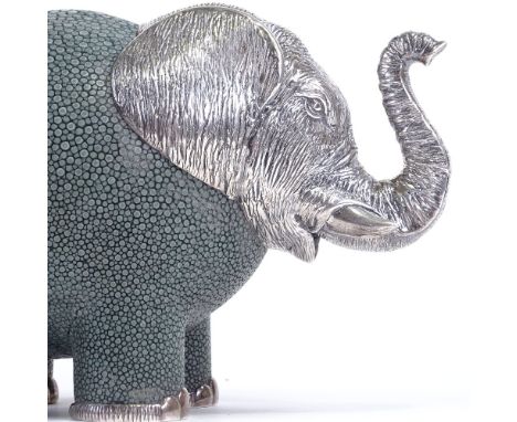 A Lotus Arts de Vivre of Thailand, galuchat stingray leather and sterling silver elephant paperweight ornament, carved hardwo