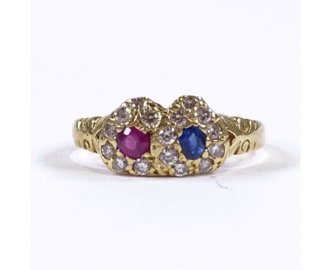 A Victorian 18ct gold sapphire ruby and diamond double-heart dress ring, total diamond content approx 0.3ct, setting height 7