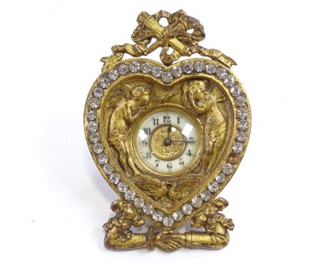 A Victorian gilt-metal heart-shaped clock in paste set surround, height 14cm 