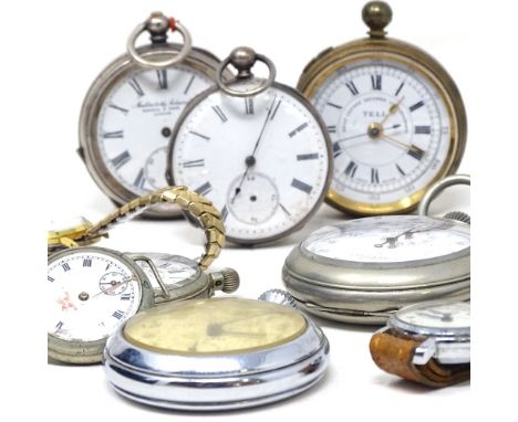 Various pocket watches and wristwatches, including Tell chronograph, Swiss silver open-face pocket watch, etc., (9)Lot sold a