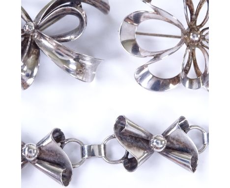 Various Danish stylised silver ribbon jewellery, comprising 1 bracelet and 2 brooches, makers include Niels Erik From and Joh