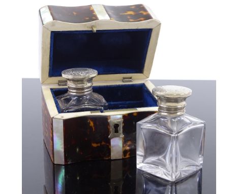 A 19th century French tortoiseshell and mother-of-pearl parquetry inlaid travelling perfume bottle case, with serpentine-shap