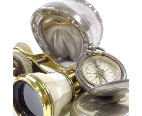 A mixed group, including 2 steel-cased compasses, a pair of mother-of-pearl and brass opera glasses, and a horse-hoof design 