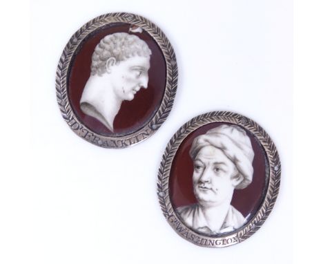 A pair of 19th century hand painted enamel miniature portrait panels, in unmarked white metal frames with titles, including G