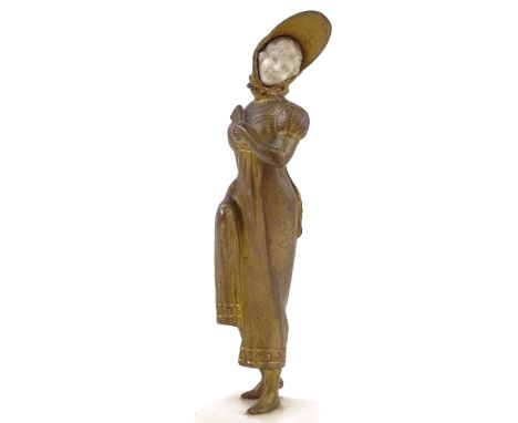 J P MORANTE - gilt-bronze figure of a woman wearing a bonnet and holding a fan, carved ivory face, on original white marble p