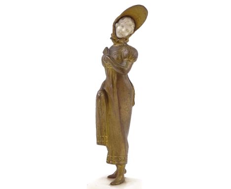 J P MORANTE - gilt-bronze figure of a woman wearing a bonnet and holding a fan, carved ivory face, on original white marble p