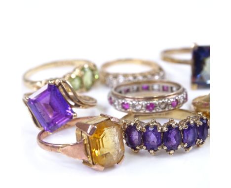 Collection of various 9ct gold stone set rings, stones include opal, diamond, garnet, amethyst and bloodstone, 39.7g total (1