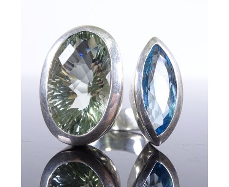 A large handmade sterling silver green amethyst and blue topaz dress ring, setting height 26.5mm, size P/Q, 25.8gGood origina