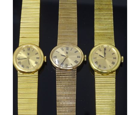 LIP - 3 lady's Vintage gold plated mechanical wristwatches, gilt dials with Roman numeral hour markers and ribbed straps, lar