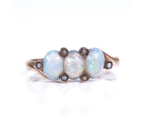 A Victorian 9ct rose gold cabochon opal and split-pearl dress ring, setting height 6.3mm, size L, 1.9gVery good original cond