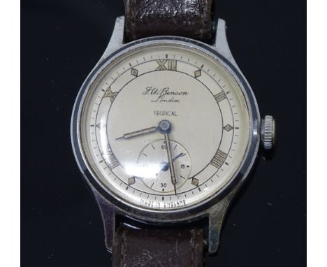 J W BENSON - a Vintage stainless steel Tropical mechanical wristwatch, silvered dial with Roman numeral hour markers and subs