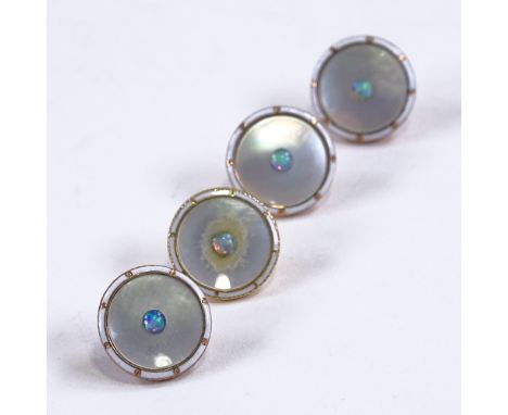 A set of 4 Victorian 9ct rose gold opal mother-of-pearl and white enamel dress buttons, button diameter 14.5mm, 5.3g total (4