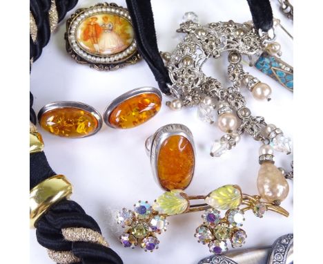 Various costume jewellery, including continental silver amber ring, earrings, hatpin etcLot sold as seen unless specific item