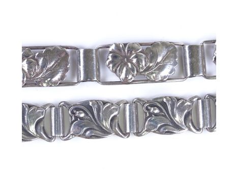 2 vintage Danish stylised silver floral panel bracelets, makers include Jos Kahn, lengths 19cm and 20cm, 32.2g total (2)Both 