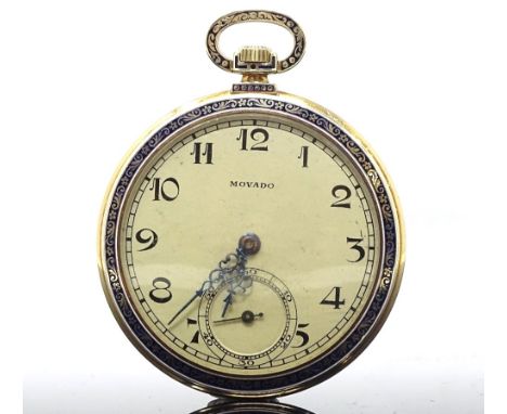 MOVADO - an Art Deco 14ct gold and enamel open-face top-wind slimline pocket watch, ref. 42503, silvered dial with Deco Arabi