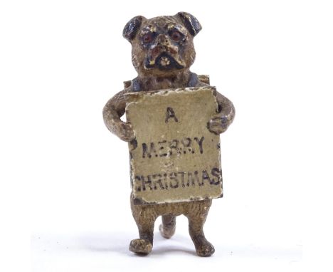 Austrian cold painted bronze Pug dog holding an A-board "A Merry Christmas A Happy New Year", no maker's marks, height 3.5cmN