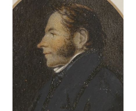 19th century miniature watercolour on card, portrait of a gentleman, unsigned, in original gilt-gesso frame, overall frame si