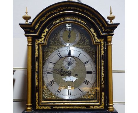 An 18th century chinoiserie gilded and lacquered longcase clock, brass arch-top dial with silvered chapter ring and secondary