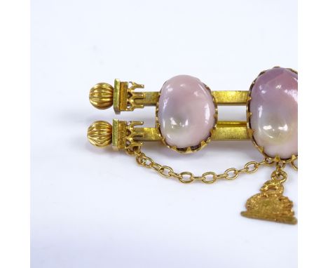 A 19th century 9ct gold 3-stone conch pearl Etruscan brooch, swan drop with gold chain swags, brooch length 60.9mm, 8.2gVery 