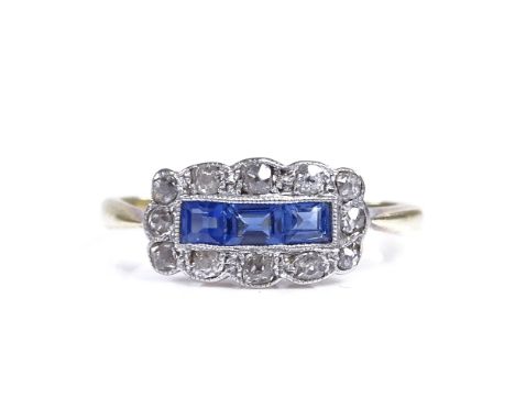 An Art Deco 18ct gold sapphire and diamond cluster panel ring, total diamond content approx 0.25ct, setting height 6.9mm, siz