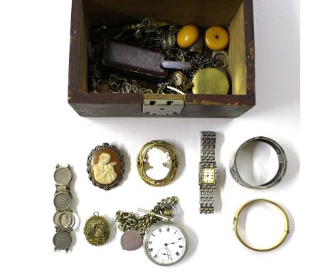 A pine trinket box containing a yellow metal ring; a white metal bangle; a pocket watch; Cameo brooches; pocket watch chains;