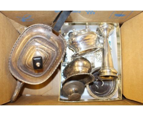 A box containing a silver spill vase; a silver desk inkwell; a silver cased lady's fob watch; a silver turquoise set bracelet