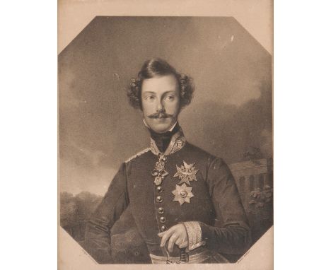 A German prince's portrait Lithography on paper 19th century Gilt wood and gesso frame 27x23,5 cm