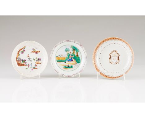 A set of three saucers  Chinese export porcelain Composed of three saucers with different decorations; one with cartouche at 