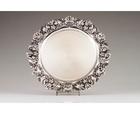 A large scalloped salver  Portuguese silver Scalloped tab with chased decoration with shells, volutes and floral motifs; rais