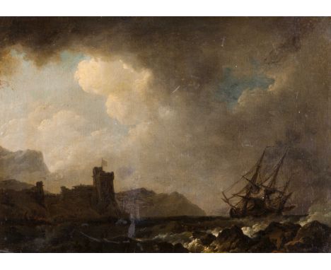 English school of the 19th century  Seascape with sailboat and fortress Oil on cardboard  30x40 cm 