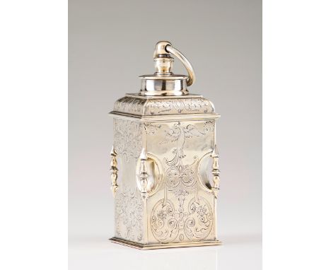 A Renaissance style flask  Portuguese silver gilt Engraved decoration with volutes, flowers, birds and turned columns, cover 