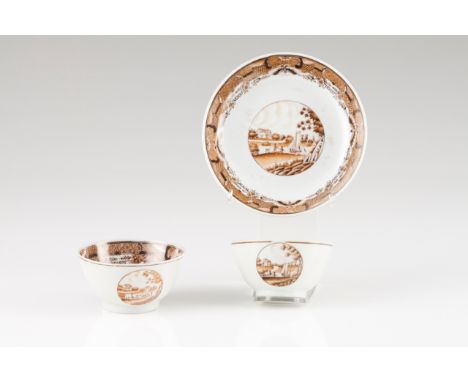 Two cups and saucers  Chinese export porcelain Sepia Fitzhugh decoration with central cartouche depicting riverscapes with fi