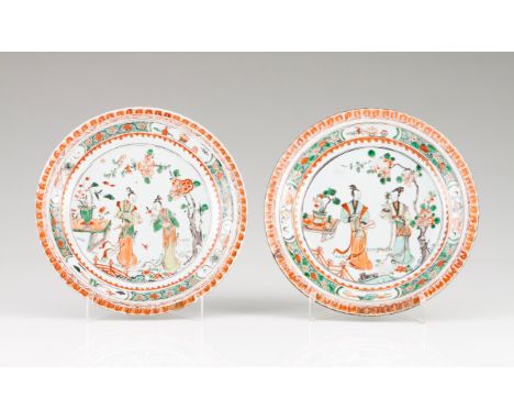 A pair of plates  Chinese porcelain Polychrome and gilt Famille Verte decoration depicting garden view with Chinese figures K