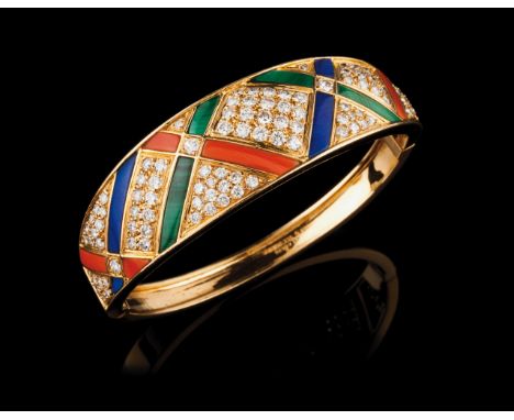 A bangle, VAN CLEEF &amp; ARPELS Set in 18kt gold with coral, lapis-lazuli and malachite plaques and 101 brilliant cut diamon