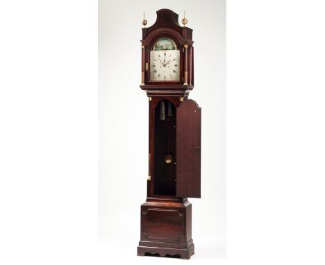 A George III longcase clock  Mahogany case with gilt metal mounts Silvered metal dial with black engraved decoration, roman a